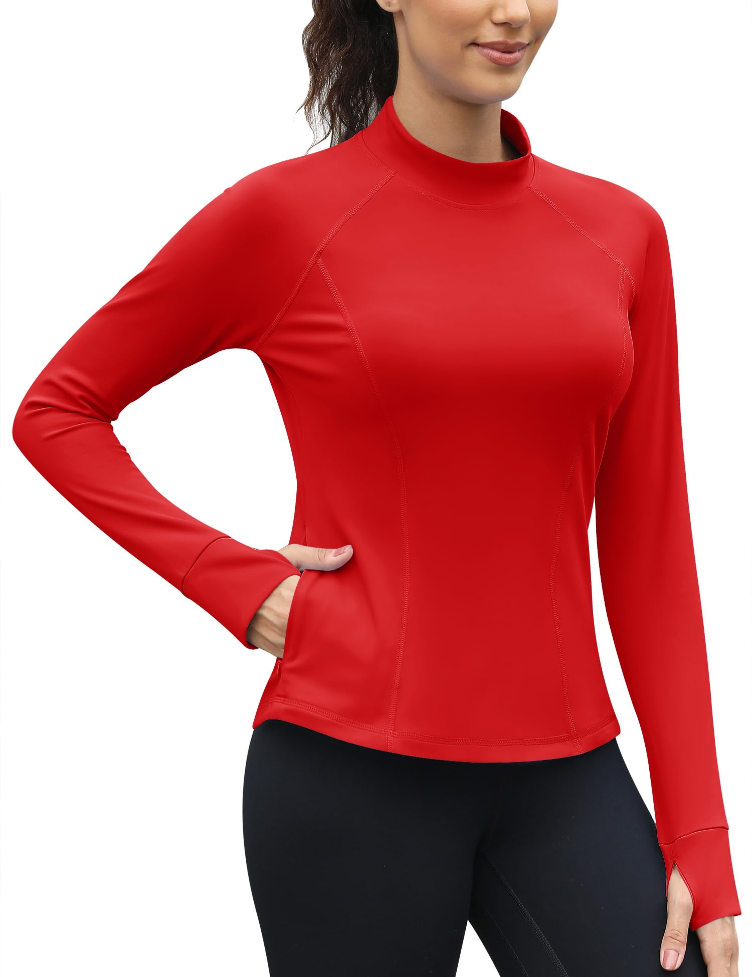 Thermo Shirt Damen Langarm mit Zwei Tasche Fleece Langarmshirt Mockneck Sport Atmungsaktiv Funktionsshirt Long Laufshirt