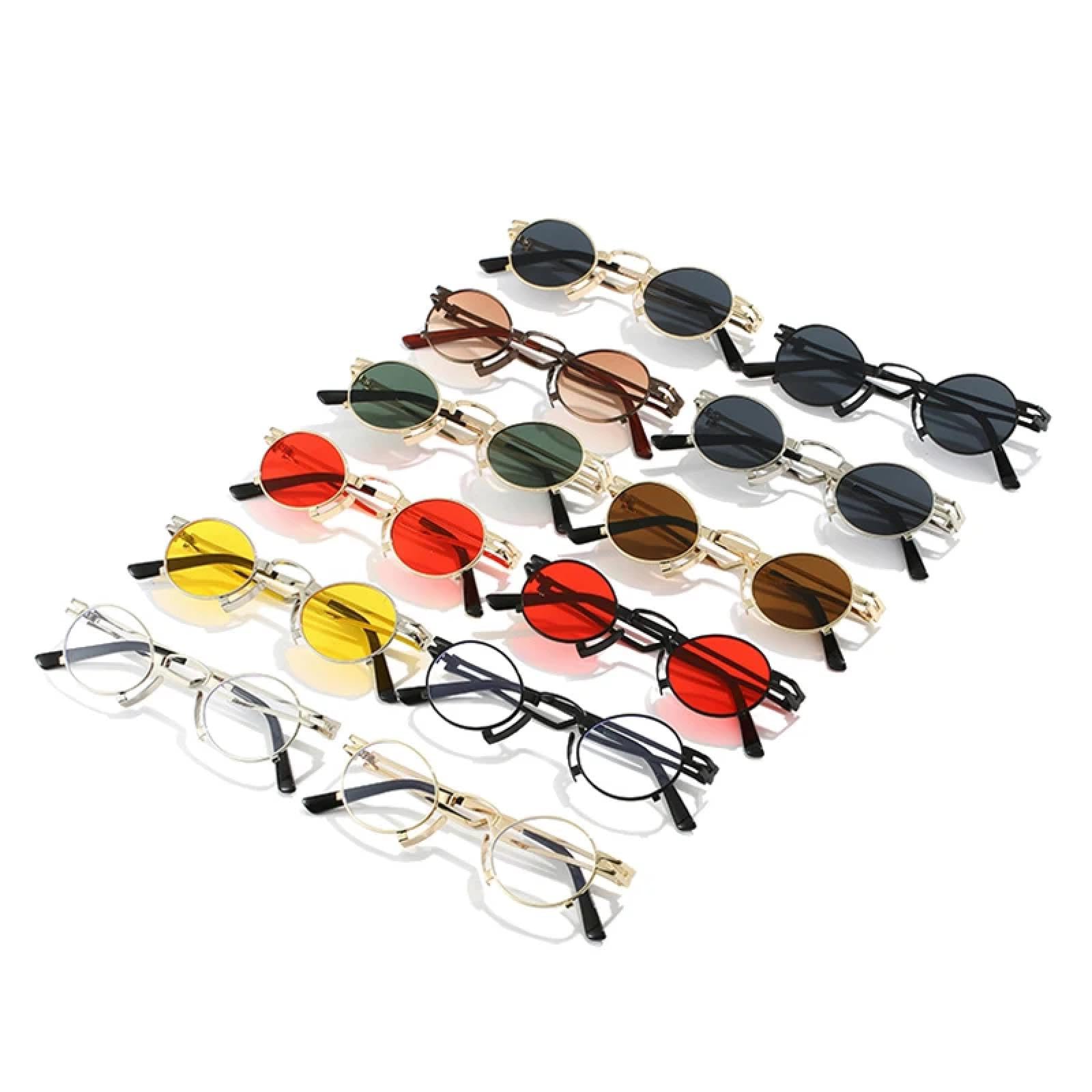 Gafas de sol ovaladas pequeñas para mujer, con montura de metal, estilo punk, con protección UV400, color rojo y amarillo