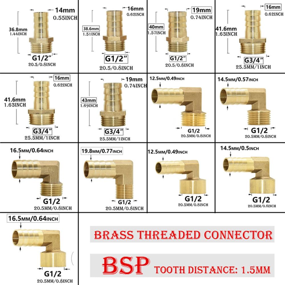 Conector de codo de latón de 1/2 3/4 pulgadas con rosca macho y hembra a púas de 14/16/19 mm, acoplamiento de manguera de cobre, adaptador de tubería,