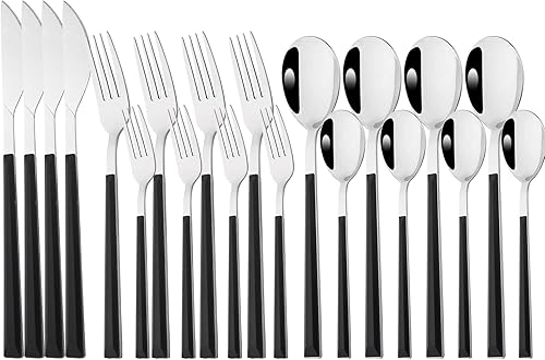 Snplowum Juego de 20 vajilla de acero inoxidable plateado con mango negro, cubiertos de boda y uso diario, cubiertos para hogar, restaurante,