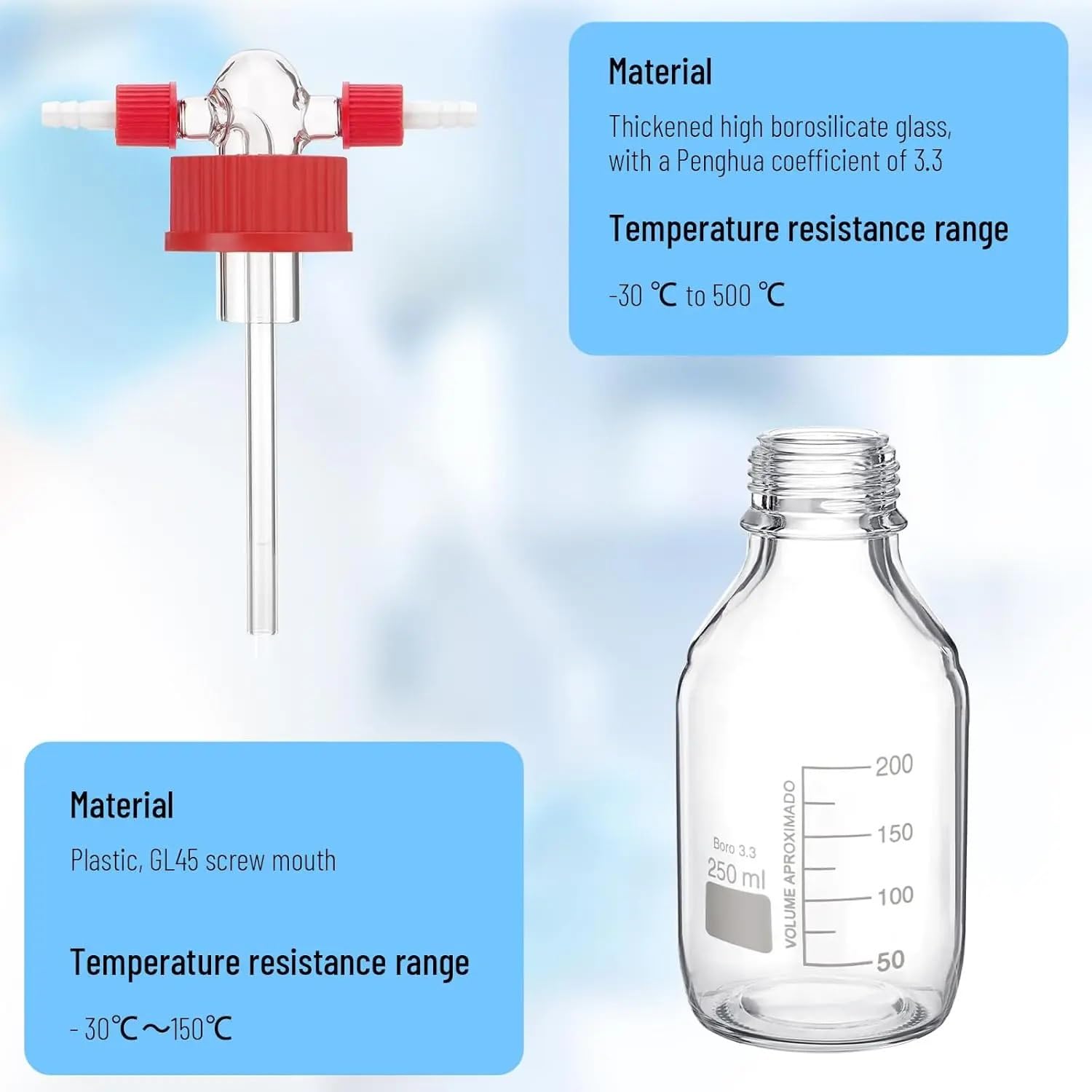 Frasco de lavado de gases de laboratorio de vidrio de borosilicato GL45 de alto contenido, con boca en espiral, for tampón de laboratorio, cristalería de laboratorio sellada.(100ml)