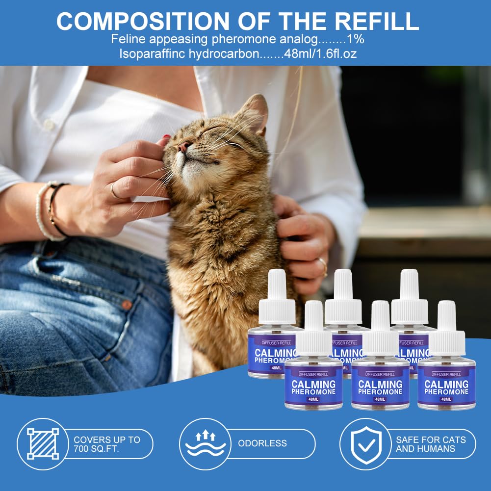 Aomig Pets Recharge Diffuseur pour Chats Lot de 6 * 48ml, Recharge Complexe de Phéromones, Pheromones Aider Votre Chat à se Calmer