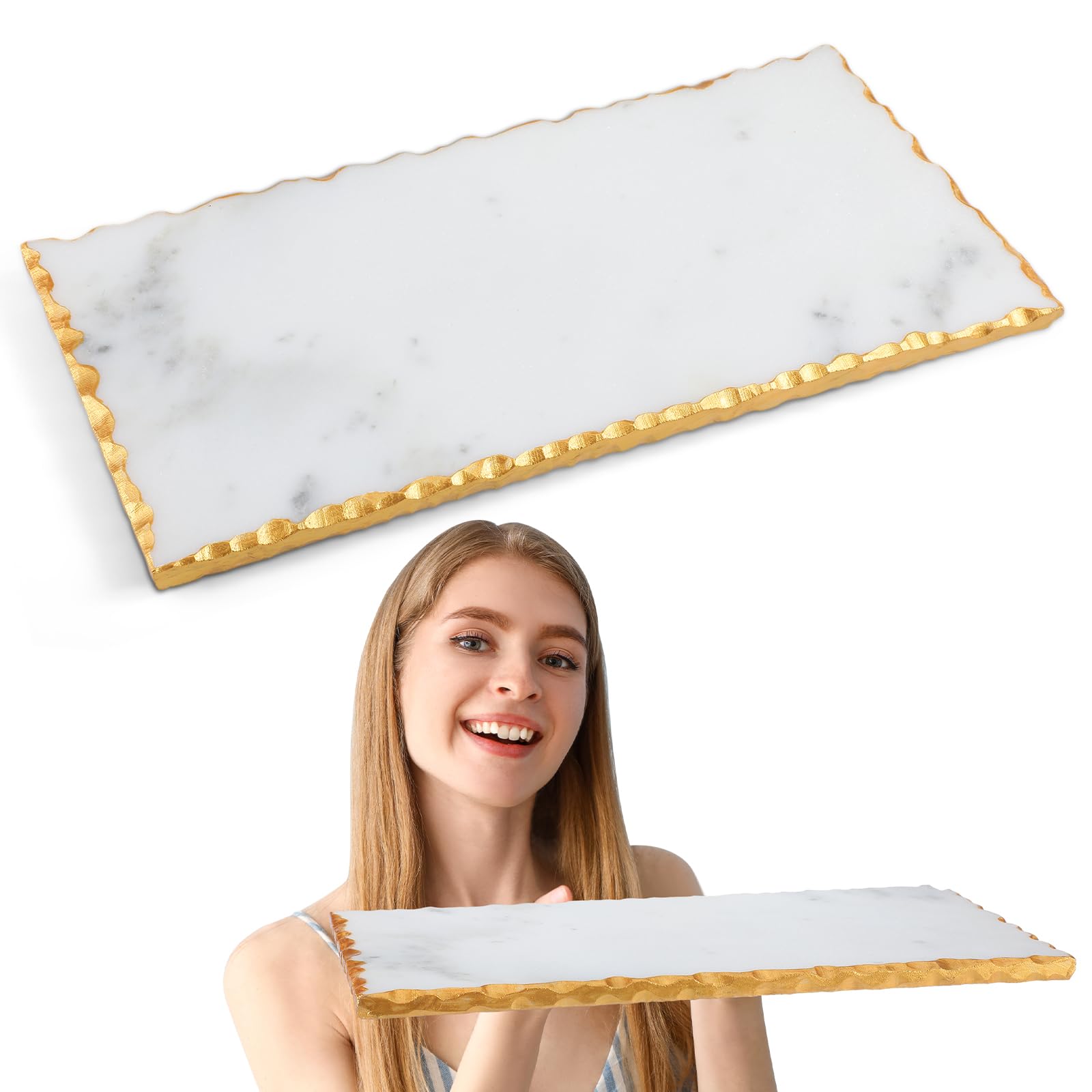 12" X 6" Marble Tray with Golden Foiling Natural Marble Board White Slab Candle Plate Tray for Kitchen Counter Cheese Charcuterie Wedding Gift House Warming Gift