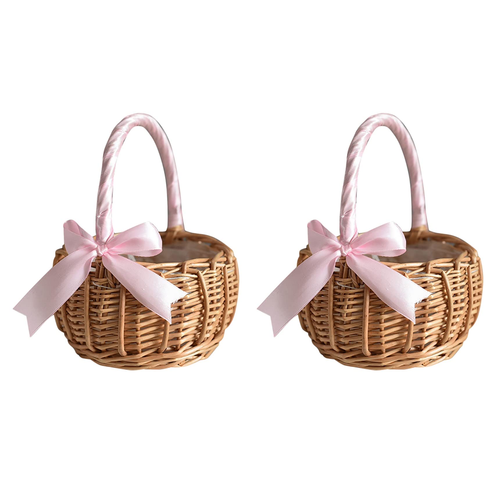 Hndhbfgrt 2X Wicker Woven Flower Basket, with Handle and Pink Ribbon, Wedding Flower Girl Baskets, for Home Garden Decoration(S)