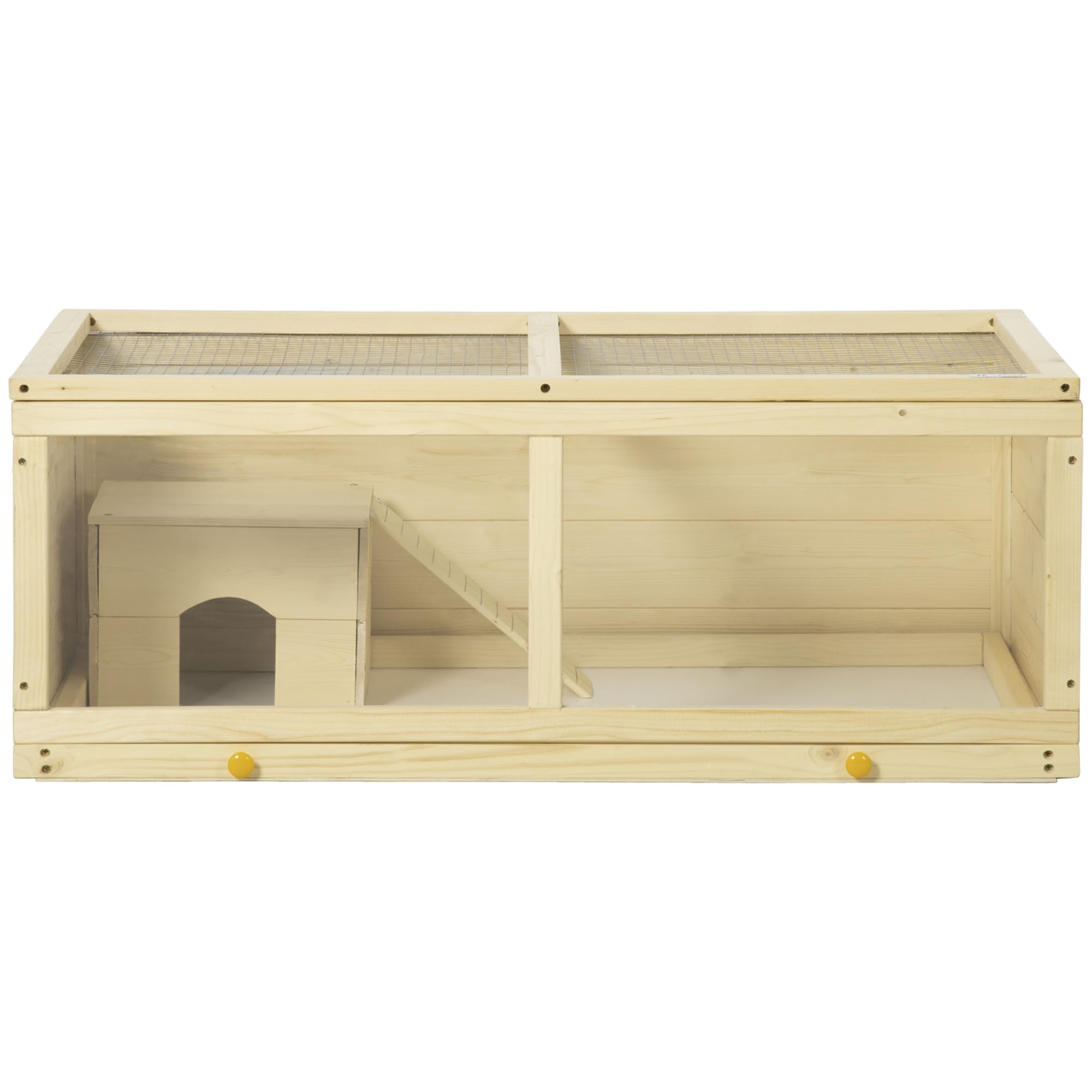 PawHut Jaula para Hámster con Panel de Acrílico 100x58x38 cm Casa para Hamsters de Madera con Tapa Abatible Bandeja Extraíble y Nido para Chinchillas Conejos Natural