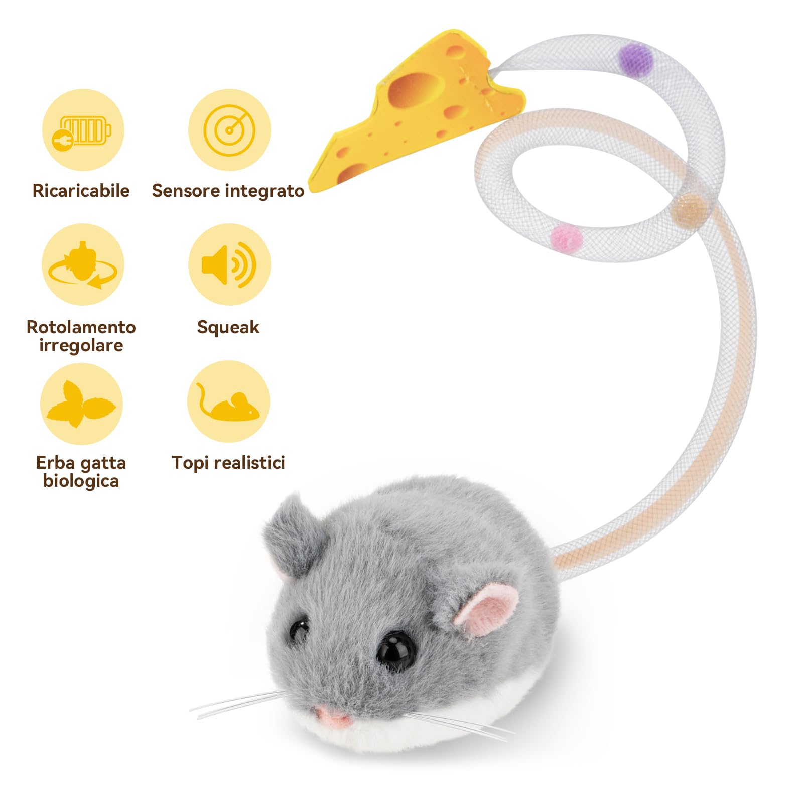 Migipaws Giocattolo interattivo per gatti, topolino elettrico con coda che si muove, sensore intelligente, squittio, giocattolo per gatti con erba gatta, ricaricabile