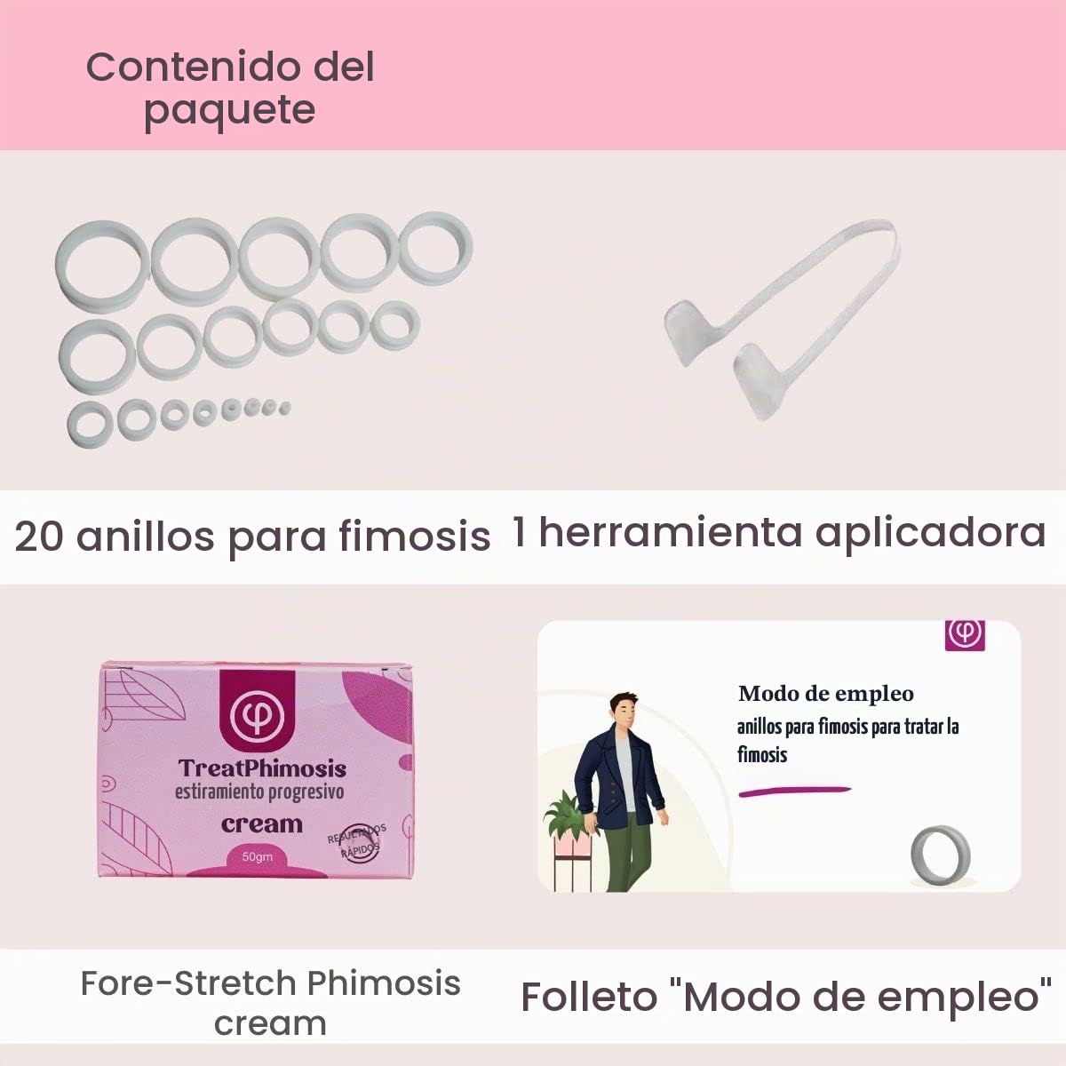 Vajraang Anillos de estiramiento de fimosis (juego de 20 anillos) con crema de estiramiento frontal, herramienta y folleto "Cómo usar", blanco, 3, 4, 5, 6, 8, 10, 12... 38 mm