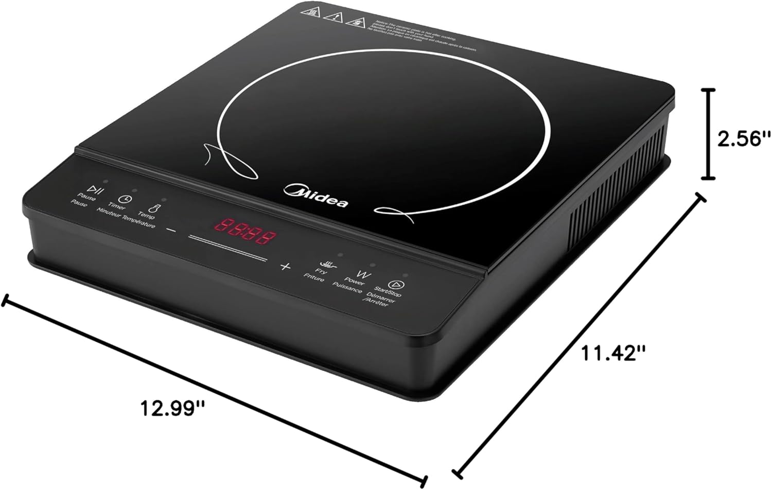 Midea Induction Cooker with dimensions labeled: 12.99 inches depth, 11.42 inches width, 2.56 inches height