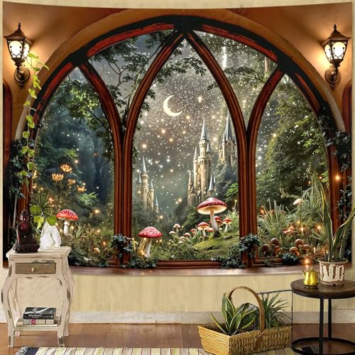 Lifeella Fantasy Castle Window Tapestry, Magic Woodland Scene Large Wall Backdrop, Fairytale Moon Mural for Bedroom Dorm Living Room Decor, 36x48 inches