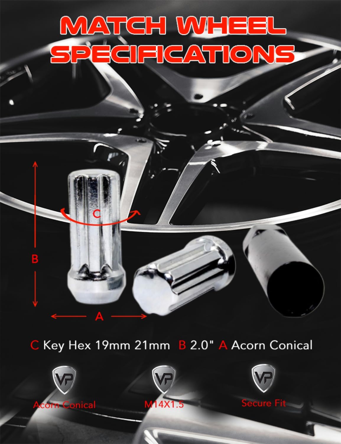 Set of 24 Veritek 14x1.5mm 2 Inch 50mm Overall Length Chrome Spline Drive Lug Nuts for Cadillac Chevy Ford GMC Nissan Toyota Aftermarket Custom SUV Truck Wheels