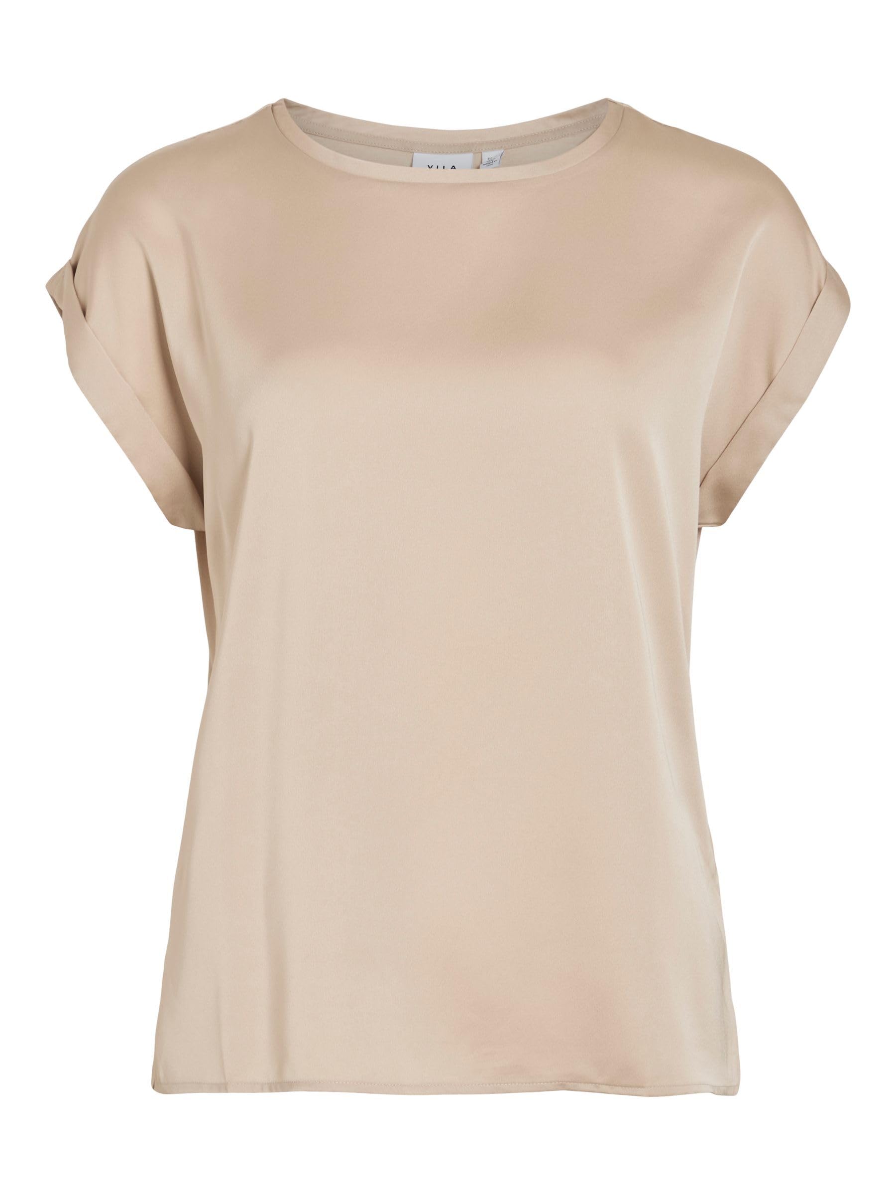 Vila Women's Viellette S/S Satin Top/Su-Noos T-Shirt, Cement, 14