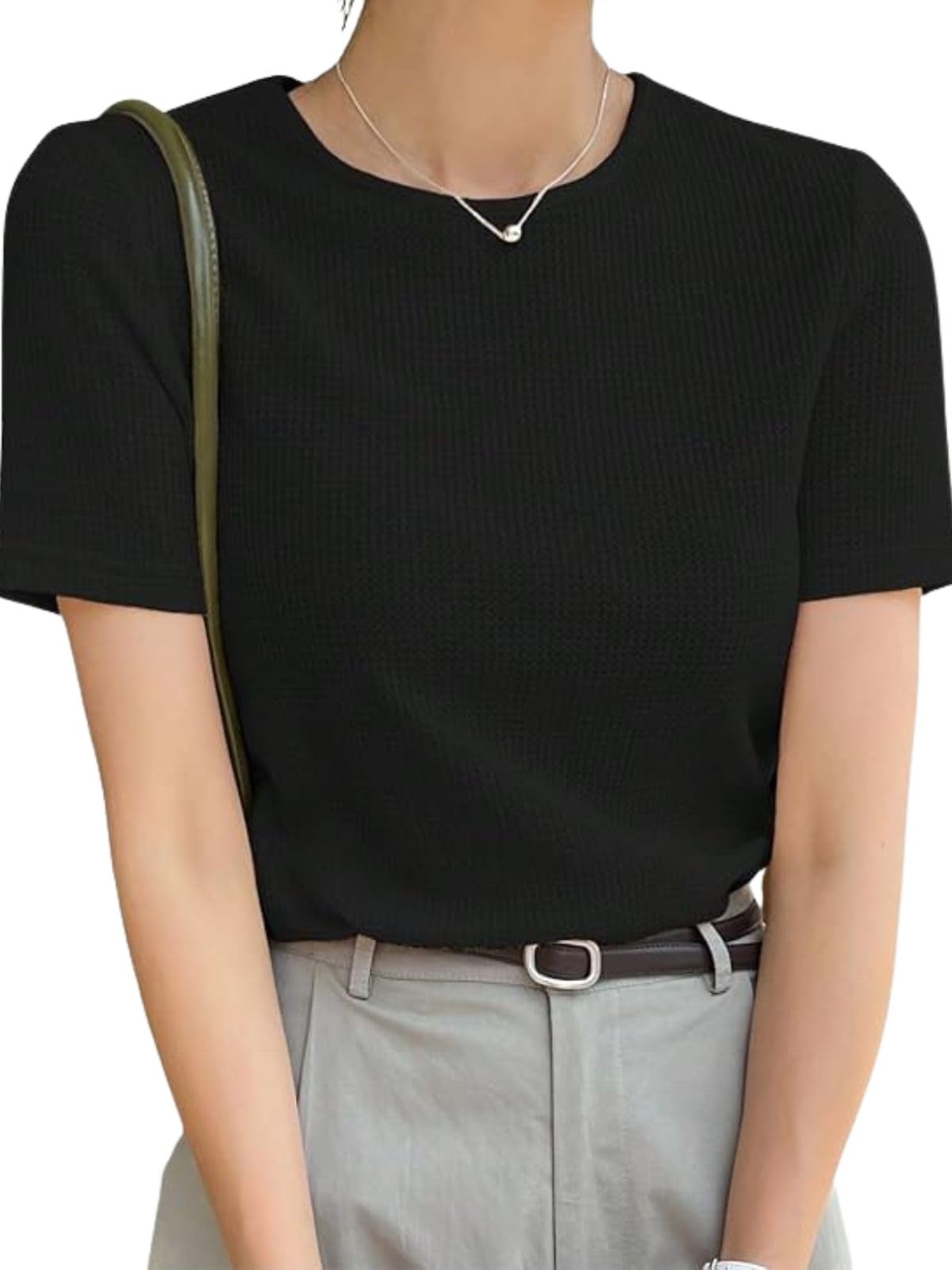 leriya fashion Women's Waffle Knit T-Shirt - Short Sleeve Lightweight Summer Top| Soft Breathable Crew Neck Casual Tee for Office, Travel, Vacation & Daily-picture-33