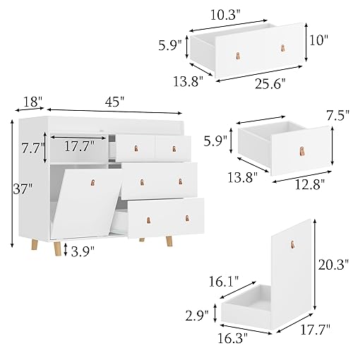 Miniatura 7 de Cambiador de bebé con 5 cajones, cómoda para cuarto de bebé con cesta de lavandería inclinable, organizador de cambiador infantil para guardería y