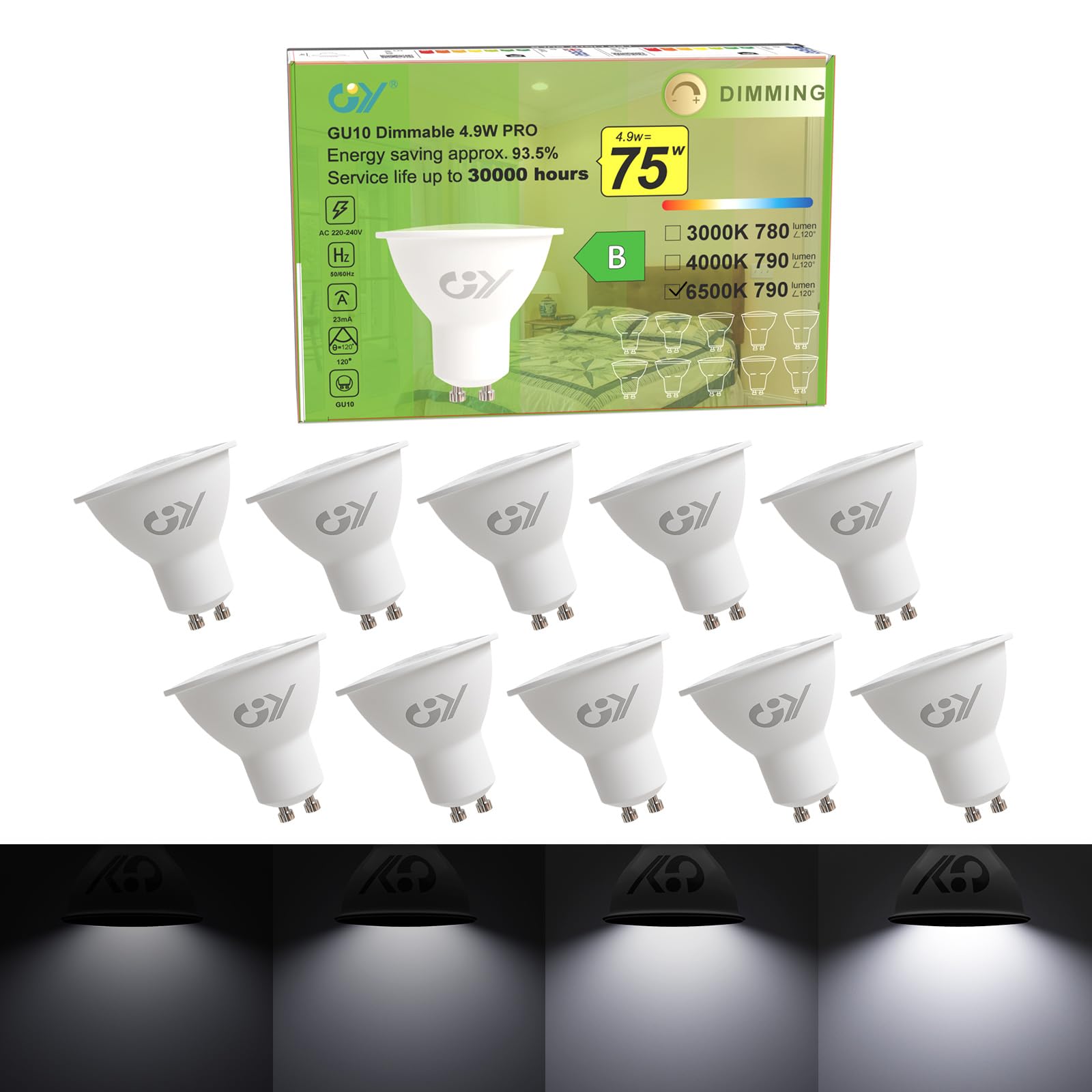 GY GY Dimmable GU10 Cool White 790 Lumen High Energy Efficiency LED Bulbs,4.9W 6500K 120° Wide Beam Angle Energy Saving Lamp, 75W Replacement,10 Pack