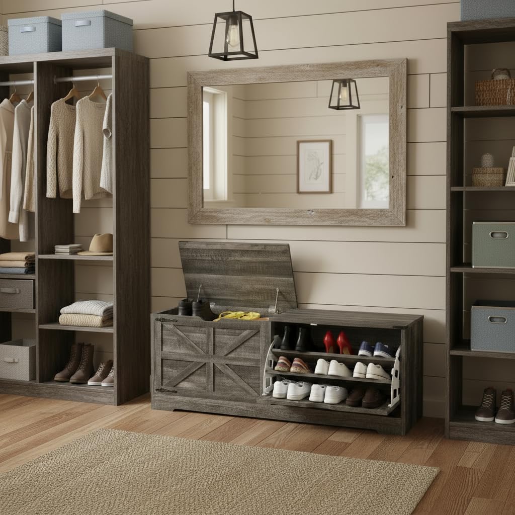 YITAHOME shoe storage bench with flip-top open and tilt-out drawers open