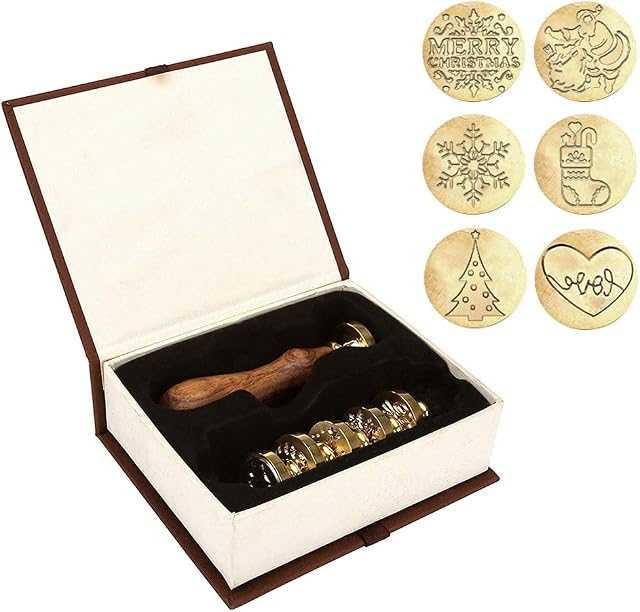 Wax Stamp Set, 6 PCS Merry Christmas Wax Seal Stamp Brass Heads and 1 PCS Wooden Handle, Arts & Crafts Vintage Adhesive Sealing Wax Stamp Kit Gift for Envelope Postcard Label Wedding Invitation