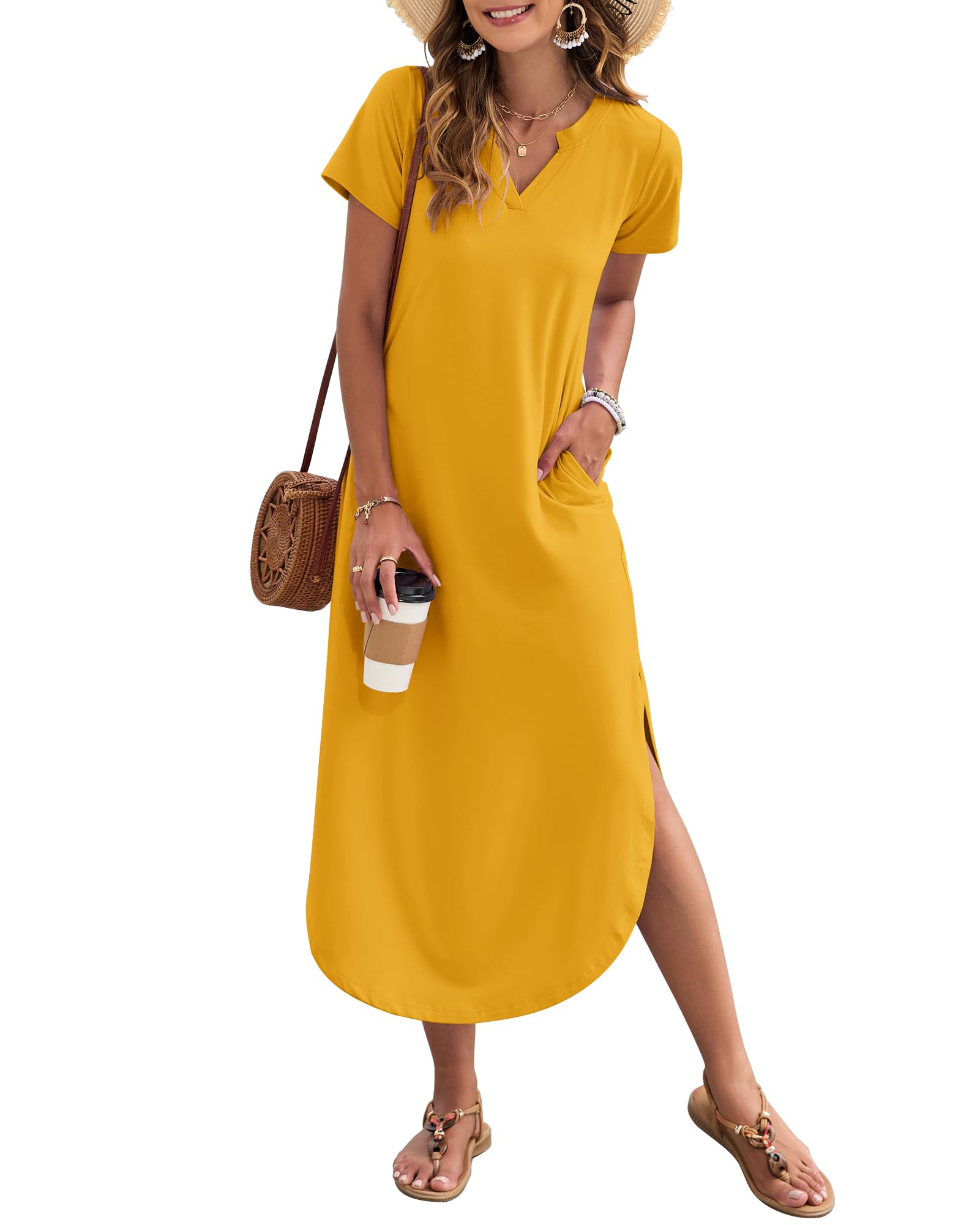 Auselily Women's Yellow Summer Casual Maxi Dress Short Sleeves V Neck Loose Sundress Split Long Beach Shirt Dress Vacation Xxl