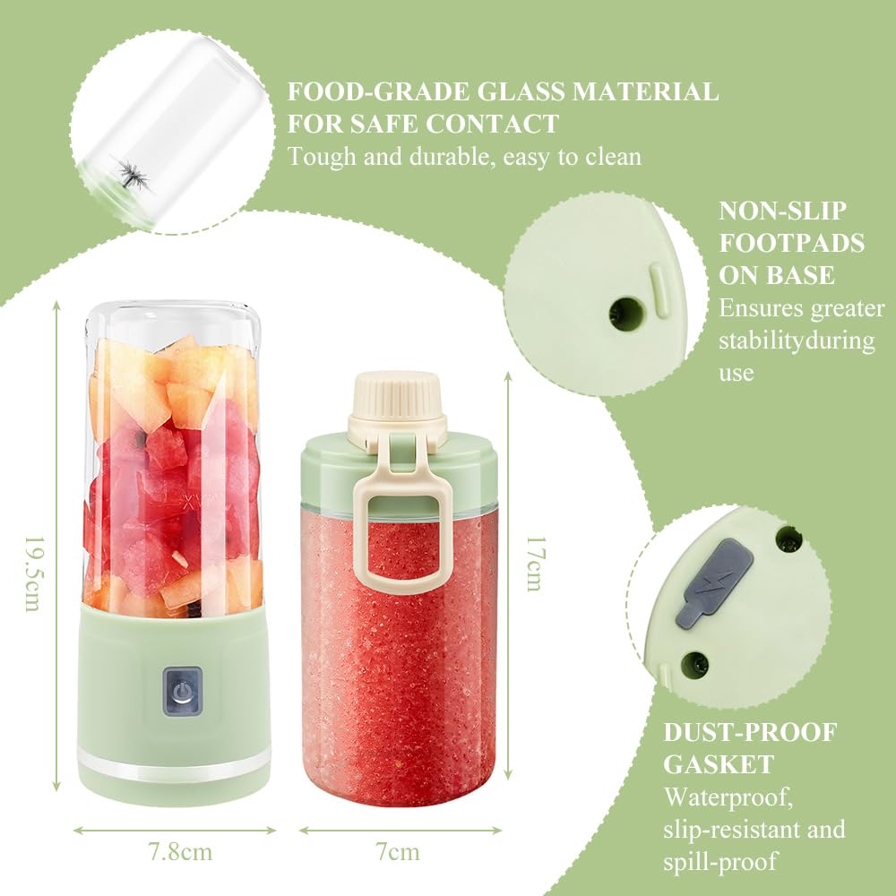 Frullatore per Frullati Portatile con Coperchio per Bicchiere, 450 ml, Ricaricabile via USB, 8 Lame, per Succhi, Frullati, Omogeneizzati, Viaggi, Palestra
