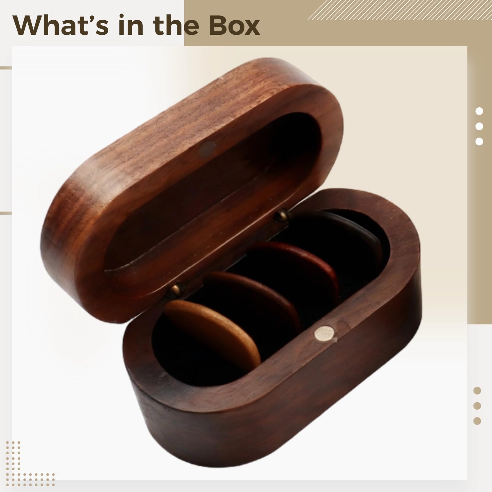Caja de madera de nogal para púas de guitarra, incluye 4 púas, caja de almacenamiento retro para guitarra, organizador compacto para accesorios de guitarra, soporte de madera estable, 8,5 x 4,5 x 4 cm