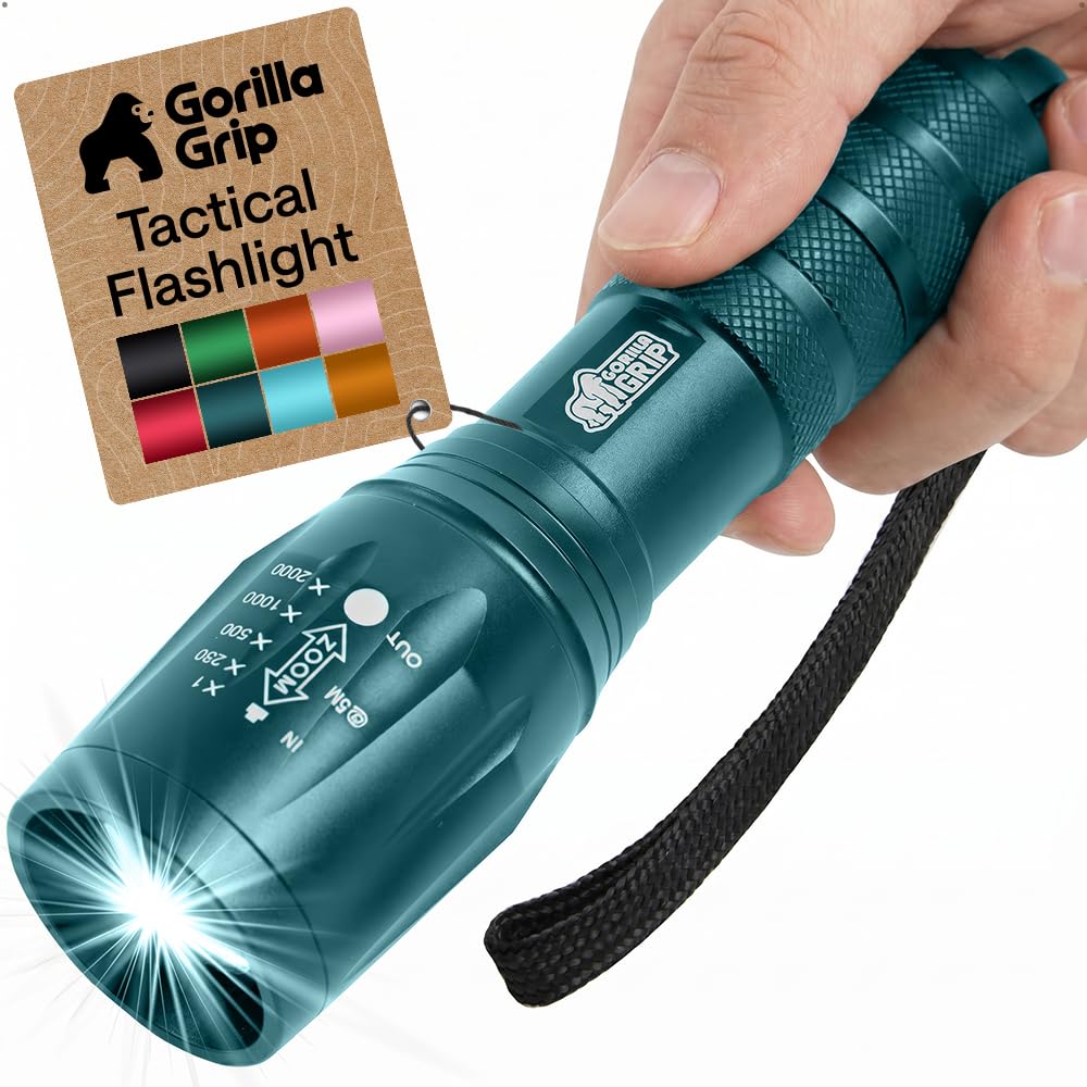 GORILLA GRIP Powerful LED Tactical Flashlight, Teal Blue