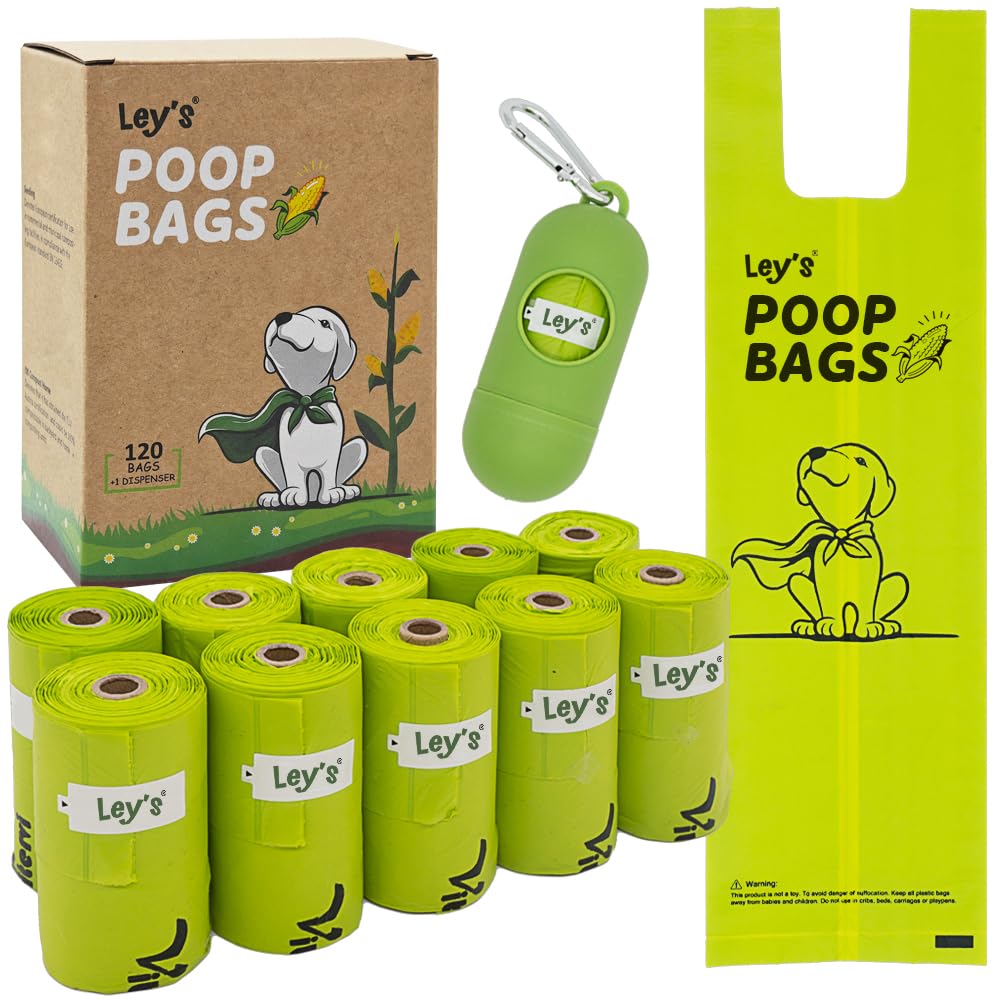 Ley's Compostable Dog Poop Bags, Plant-Based Biodegradable Doggie Waste Bags with Easy Tie Handles, Unscented, Vegetable-B...