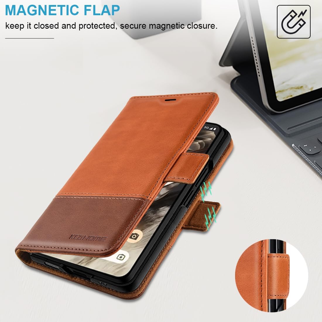 KEZiHOME Case for Google Pixel Fold, Genuine Leather [RFID Blocking] Wallet Case with Card Slots Stand Flip Phone Cover for Google Pixel Fold 5G (2023) (Khaki/Brown)
