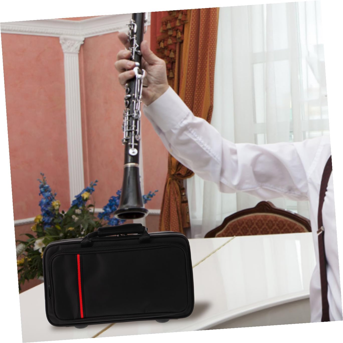 Ipetboom Portable Clarinet Bag with Zipper Black Leather Clarinet Storage Case for Wind Instrument Accessories