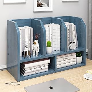 Estantería de escritorio de madera con 2 niveles para oficina y hogar, color azul, ideal para guardar libros, libros de texto, carpetas y artículos de exhibición