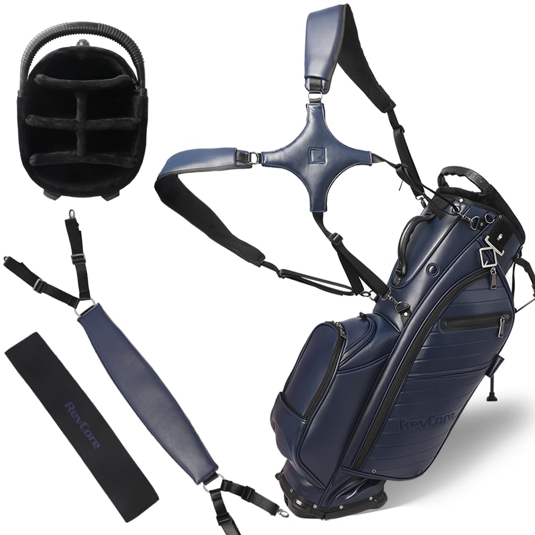 REVCORE Luxury Golf Cart Bag, Premium Synthetic Leather, 14 Way Full-Length Individual Dividers, Black Alloy Hardware, 9 Pockets w/2 Insulated Cooler, 2 Felt-Lined Valuable & Oversized Putter Well