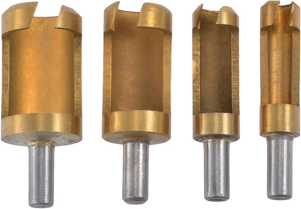 4pcs Wood Plug Hole Titanium Coated Cutter Drill Bits Set 1/4" 3/8" 1/2" 5/8" Cutting Dowel Power Woodworking Cork Hole Saw Tool Round Wood Plug Tenon Drill Bit Set