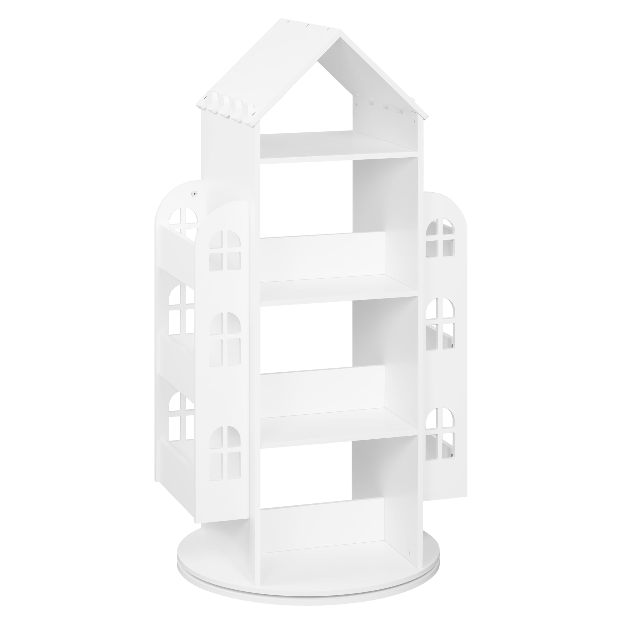 WOLTU Bibliothèque pour Enfants, Étagère Rotative à 4 Niveaux, Meuble de Rangement pour Jouets avec 13 Compartiments, Bibliothèque Blanche en Forme de Maison, 63x59x125cm