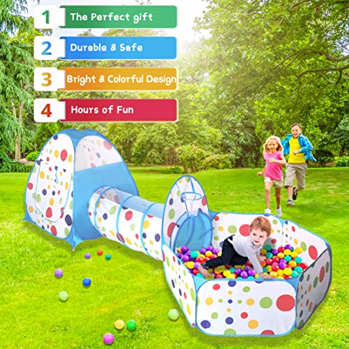 EocuSun 3-in-1 Folding 3pc Kids Play Tent with Tunnel,Play Crawl Tunnel for Boys,Girls,Babies & Toddlers Ball Pit Pop Up Playhouse Tent with Zippered Storage Bag (Blue)