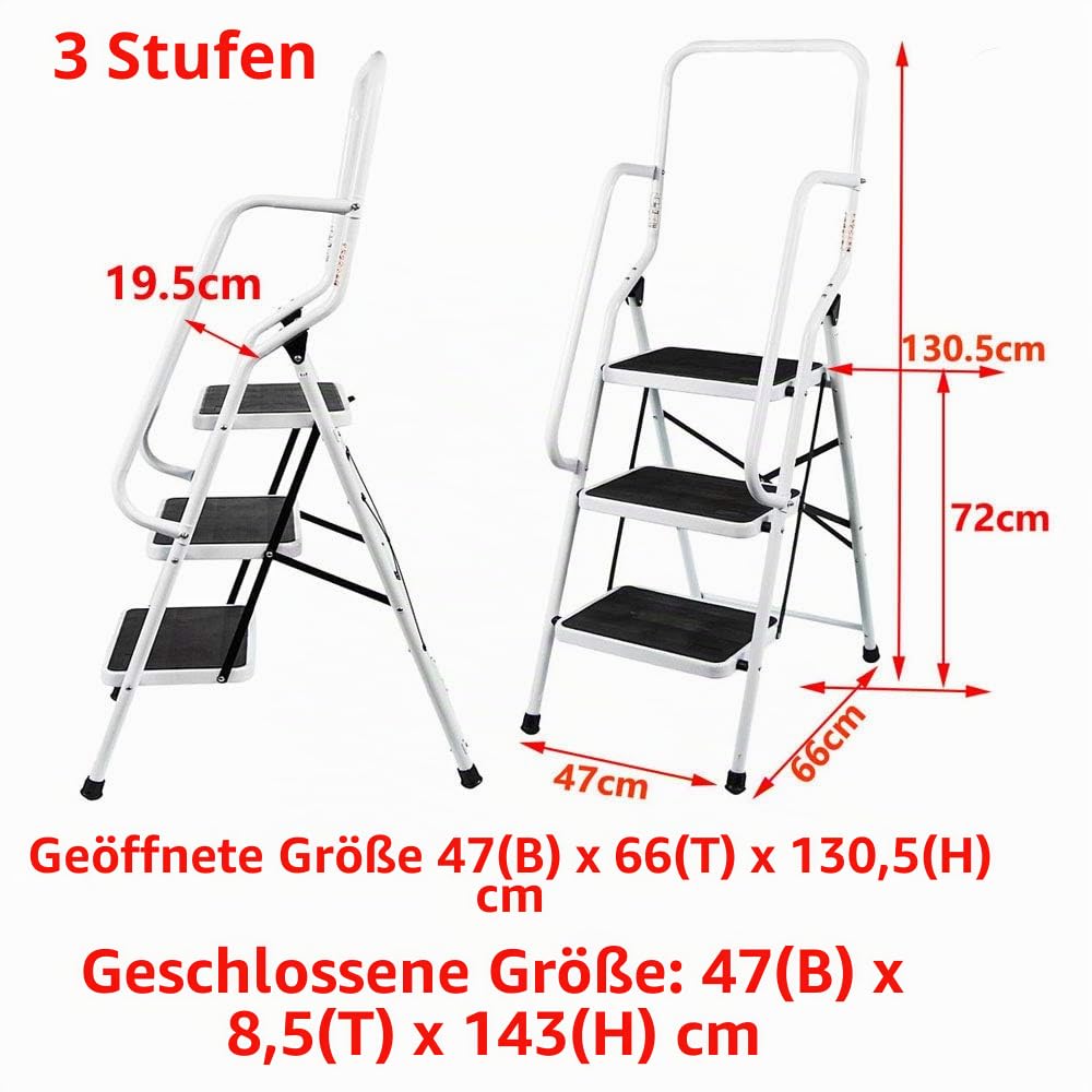 3 - Stufen Trittleiter mit Geländer Faltbare Sicherheit Rutschfest Leichtgewicht 8,5 kg für das Home Office-Lager Maximale Tragfähigkeit 150 kg