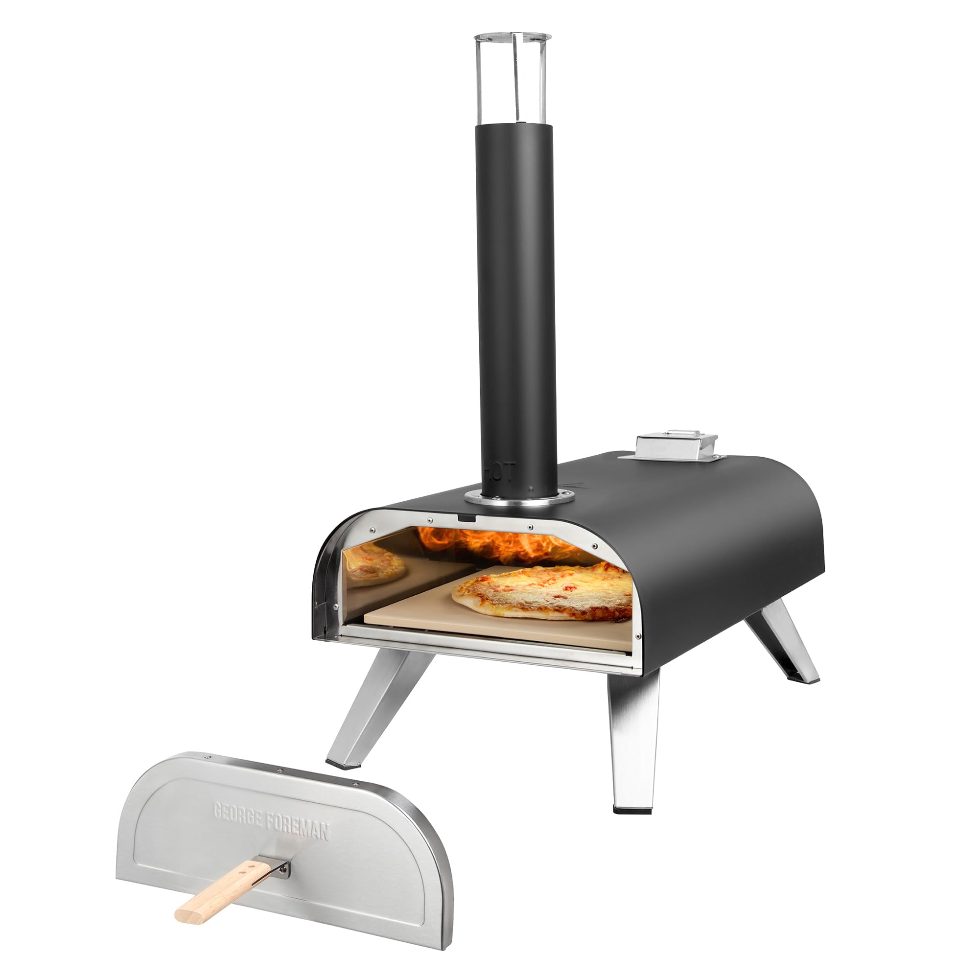 George Foreman Four à pizza portable d'extérieur à granulés de bois 30,5 cm noir avec pagaie et sac de transport pieds pliables GFWPPO1BPC
