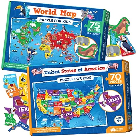 Momo & Nashi US Map Puzzle & World Map Puzzle - Childrens Jigsaw Geography Puzzles for Kids Learning Games Cover