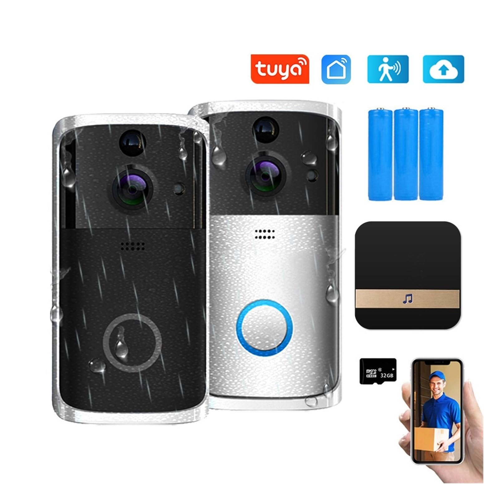1080P 720P Tuya Campanello Telecamera WiFi Smart Home Video Campanello for porte Wireless Audio a 2 vie PIR Rilevazione di movimento Campanello di sicurezza for la casa ( Color : 720P with Battery-B ,
