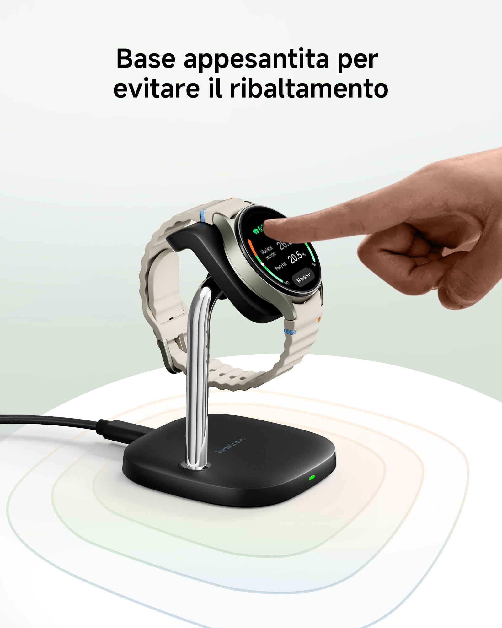 SwanScout Supporto di ricarica per Samsung Watch, ricarica rapida per Samsung Galaxy Watch Ultra(2025)/8/8 Classic/7/Ultra/6/6 Classic/5/5 Pro/4/3/Active 2, SwanScout 505S (Nero)