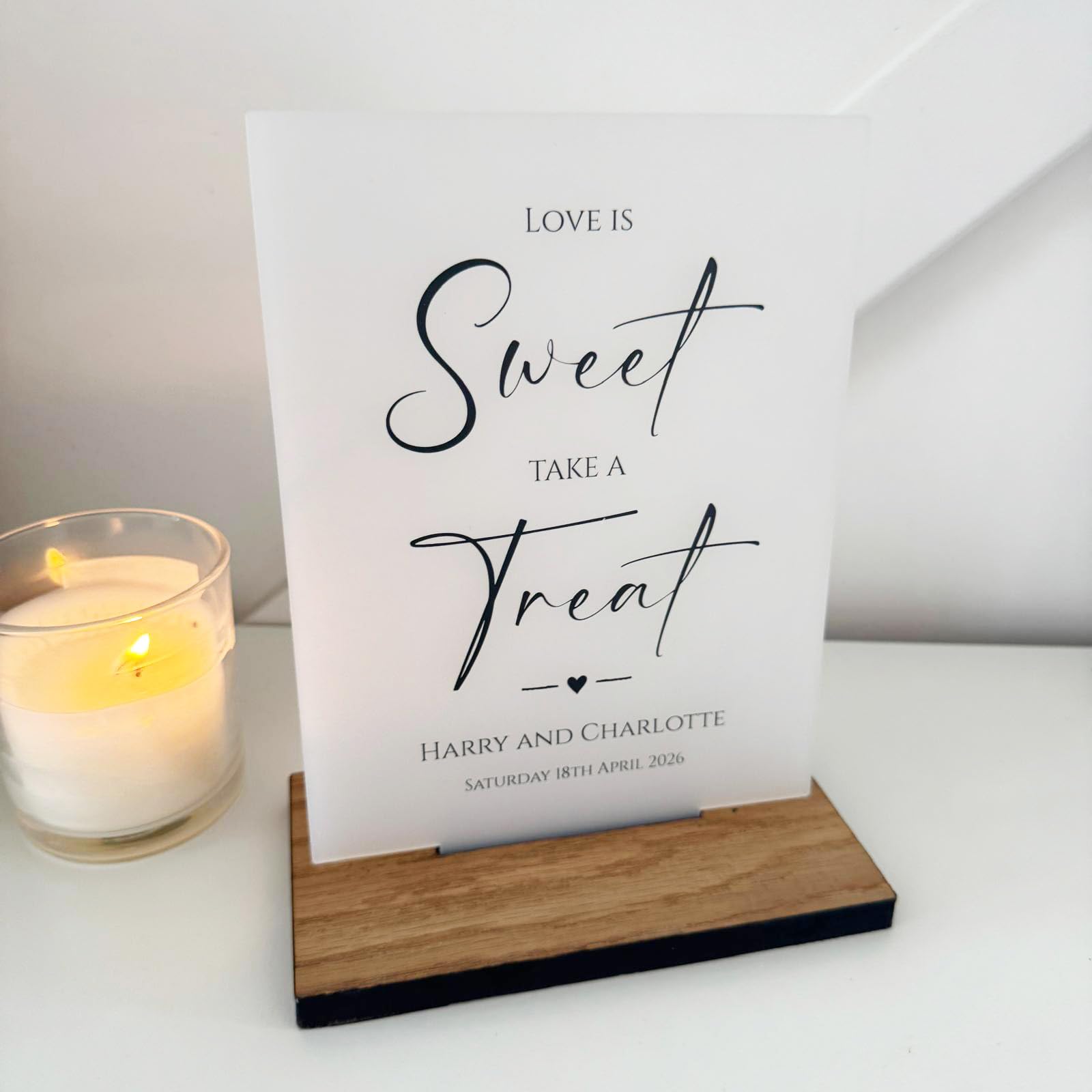 Luck and Luck Personalised Love is Sweet Contemporary Sign, Opaque Acrylic Wedding Party Sweet Bar Sign, Sweet Cart Table Sign, Dessert Bar Table Sign A5