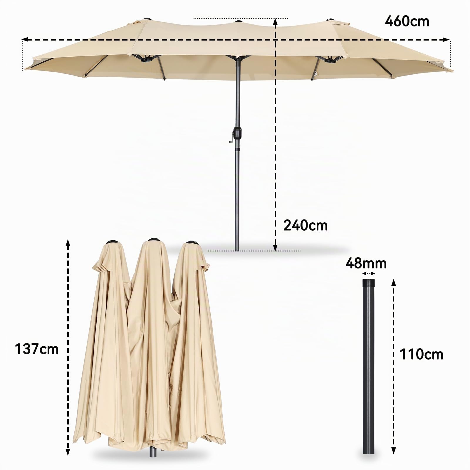 Angel Living Ombrellone da Giardino Doppio, Parasole in Tessuto di Poliestere, Ombrellone Gigante per Giardino, Patio e Terraza, Protezione Solare UV, 4.6 x 2.7 x 2.4 m (Beige)
