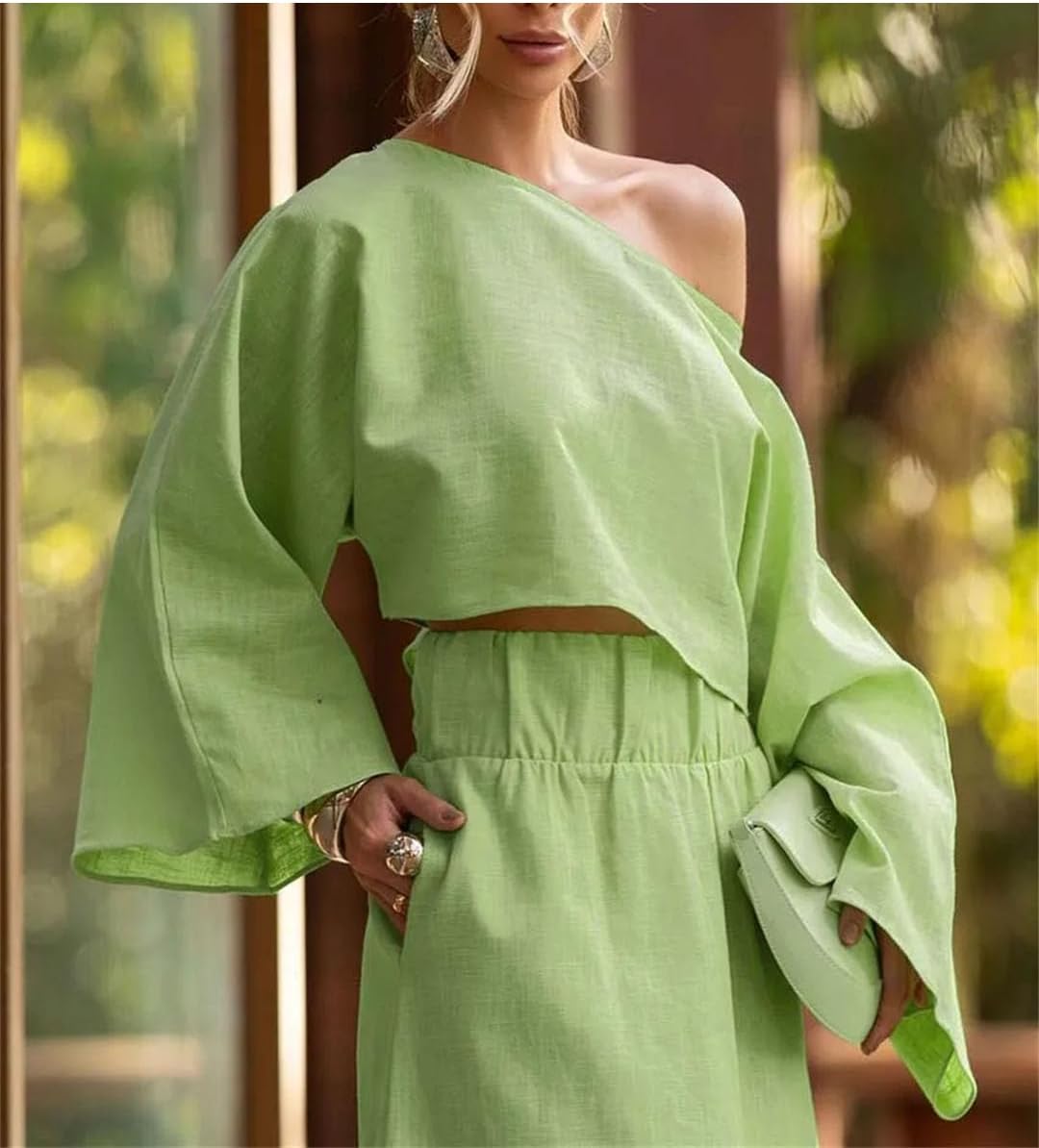 Women Cotton 2 Piece Casual Skew Collar Long Sleeve Crop Tops and Solid Ankle-Length Skirts Sets
