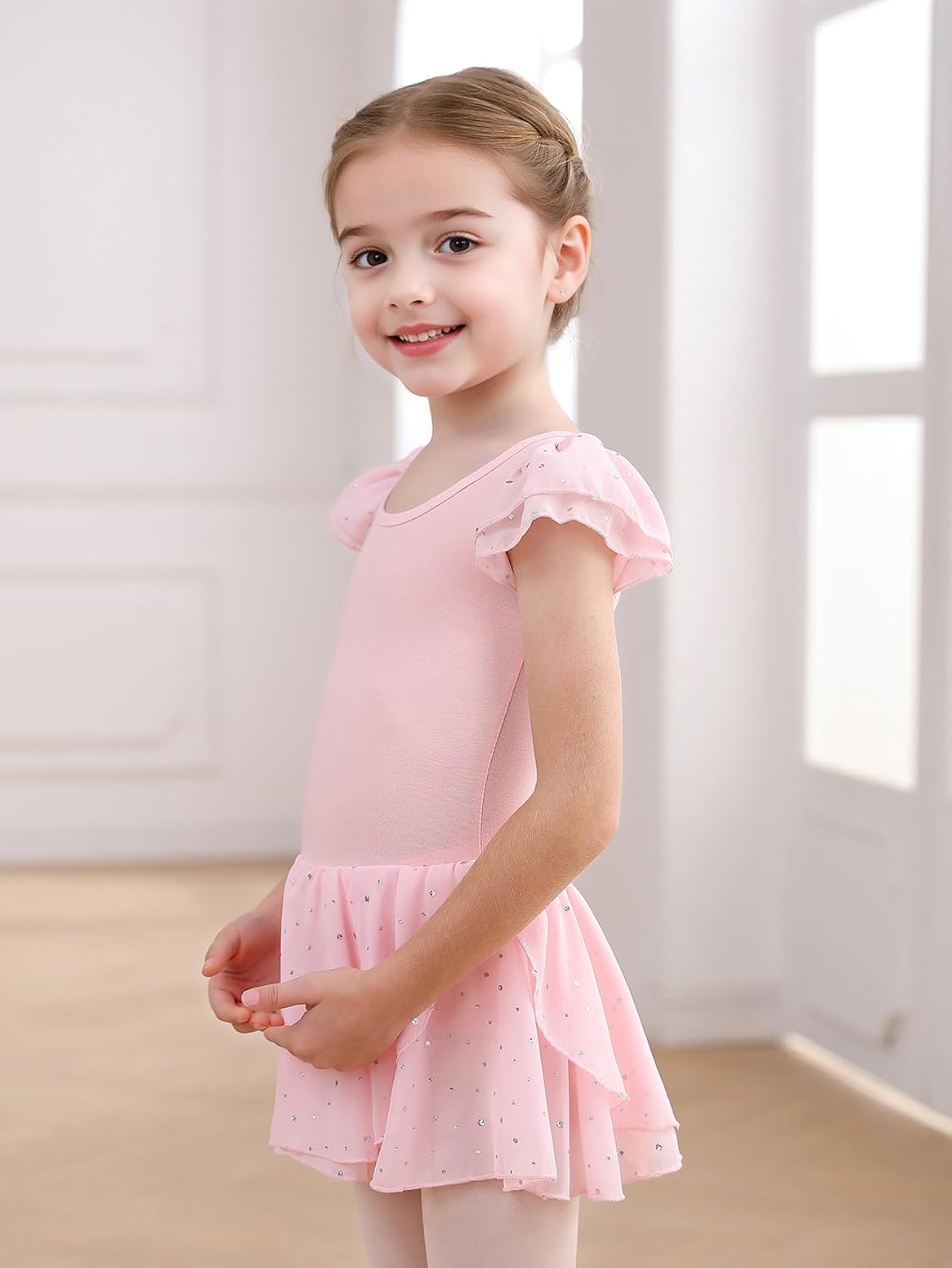 Toddler Girls Ballet Leotard Dress with Ruffle Sleeve & Hollow Back, Glitter Tutu for Class
