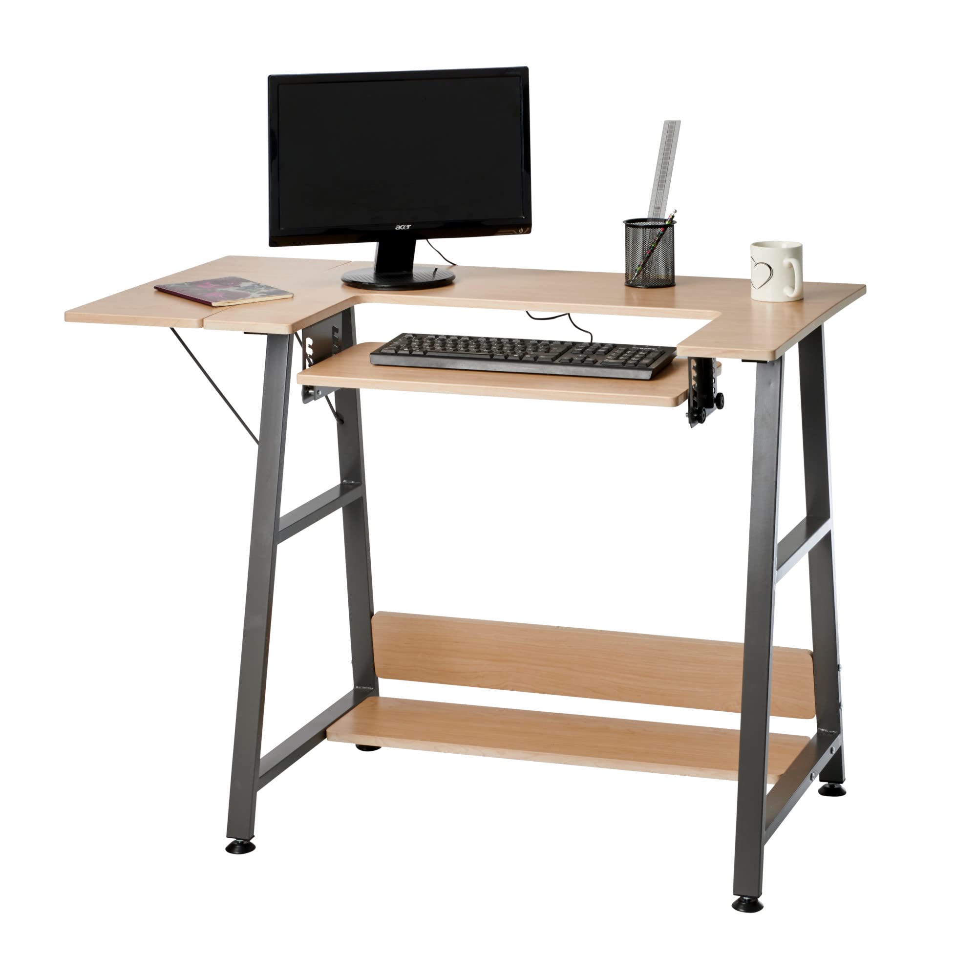 Sewing Online Petite Table de Couture, Pieds en Bois/Gris foncé – Table pour Machine à Coudre avec Plateforme réglable, rallonge à abattant et étagère de Rangement - WC1014