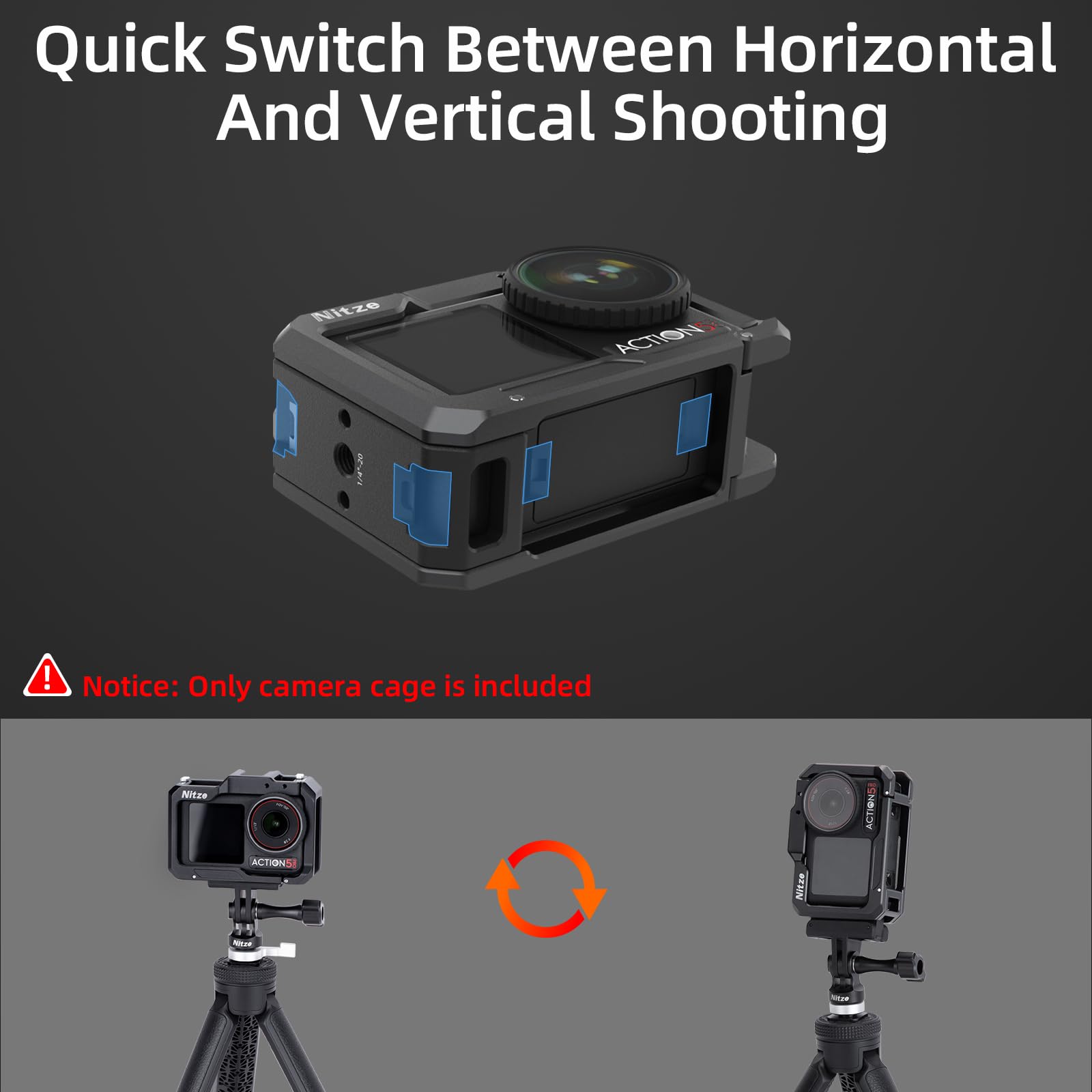 Nitze Cage pour DJI Osmo Action 5 Pro/ 4/3, Cage de Protection en Aluminium avec Interface Magnétique, Trous de Positionnement 1/4" et Cold Shoe pour Microphone ou Lampe Vidéo LED - T-D03A