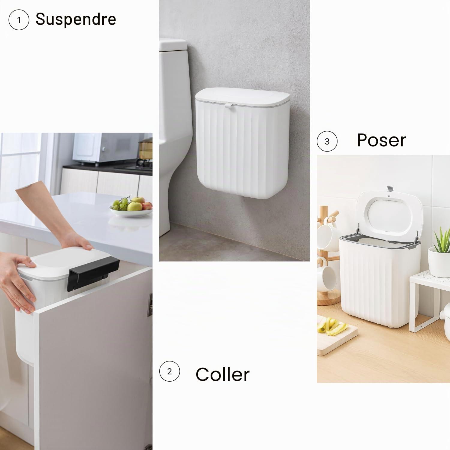 Poubelle 8L avec couvercle, poubelle suspendue pour cuisine et salle de bain, couvercle à 2 voies, montage sans perçage, PP+ABS, blanc, 25 x 15 x 25 cm