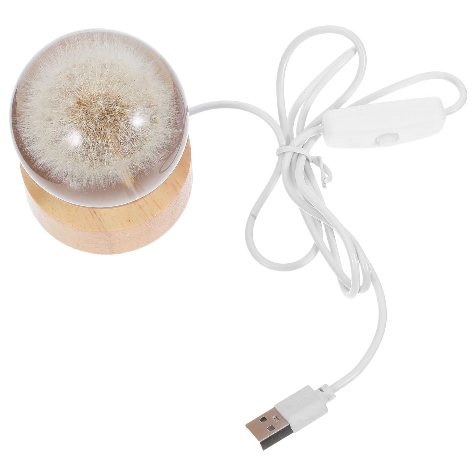 SHINEOFI Lampada da Tavolo in Cristallo 3d a Sfera con Incisione Tarassaco, Luce Notturna Decorativa USB con Base in Legno Massello, Globo Luminoso per Atmosfera Calda e Regalo Elegante