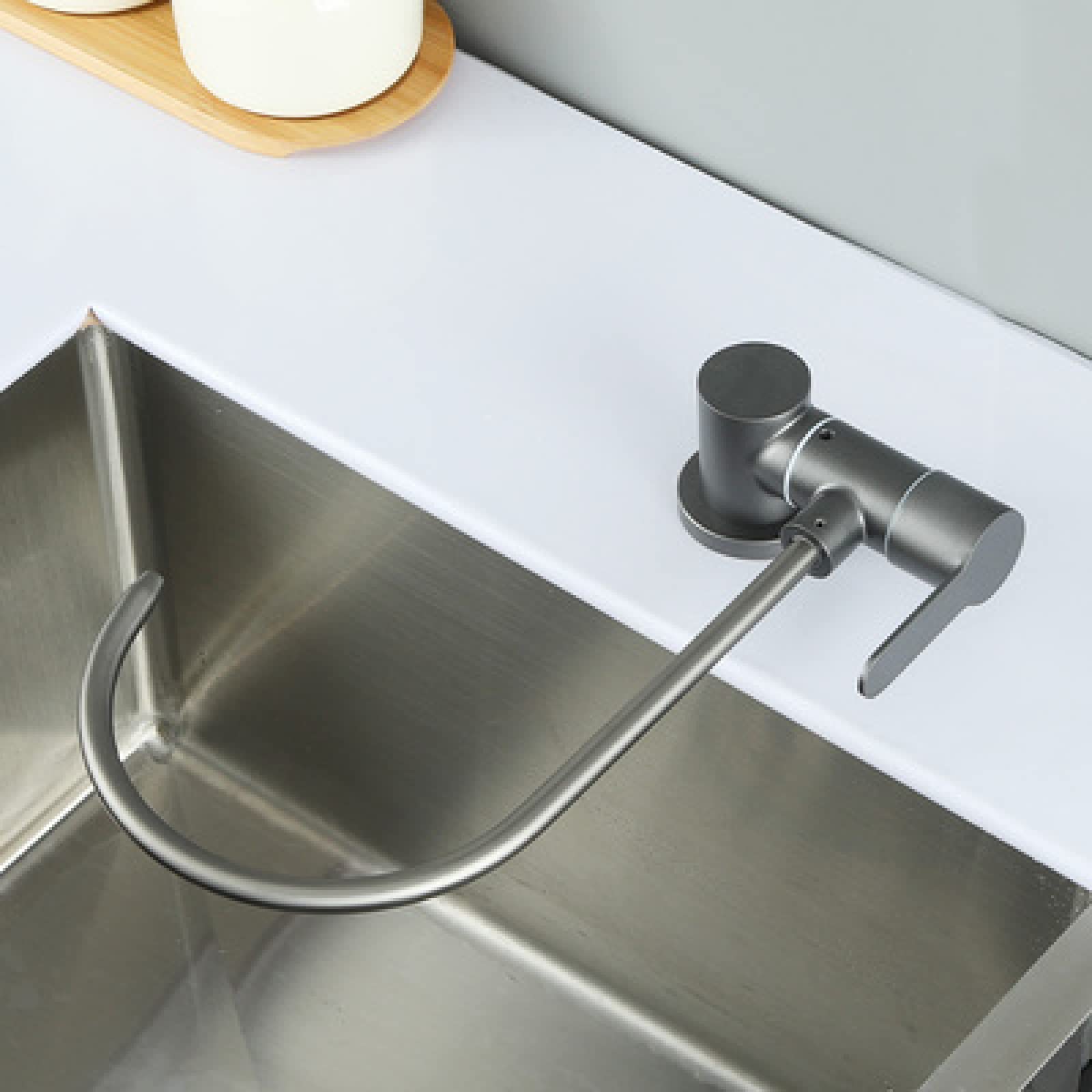 FCXWEVR Gooseneck Kitchen Tap for Drinking WaterRotating Folding Sink Faucet Reverse Osmosis Compatible Stylish Grey Design for Modern Kitchens