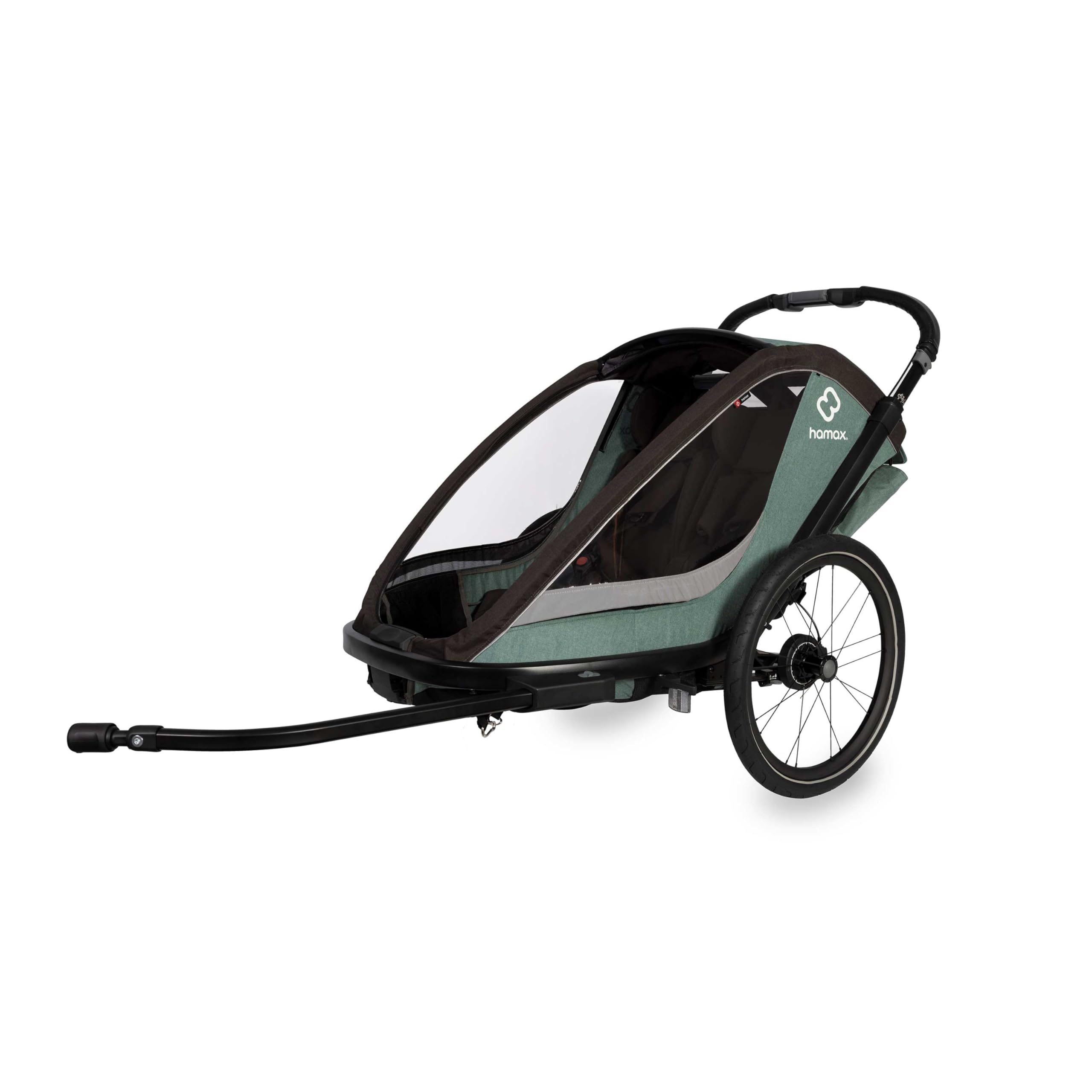Hamax - Remorque Cocoon 2 Places - Sièges Inclinables - Grandes Fenêtres - Fixation Vélo ou Poussette - Cadre Aluminium Léger - Guidon Cuir Vegan - Suspension Ajustable
