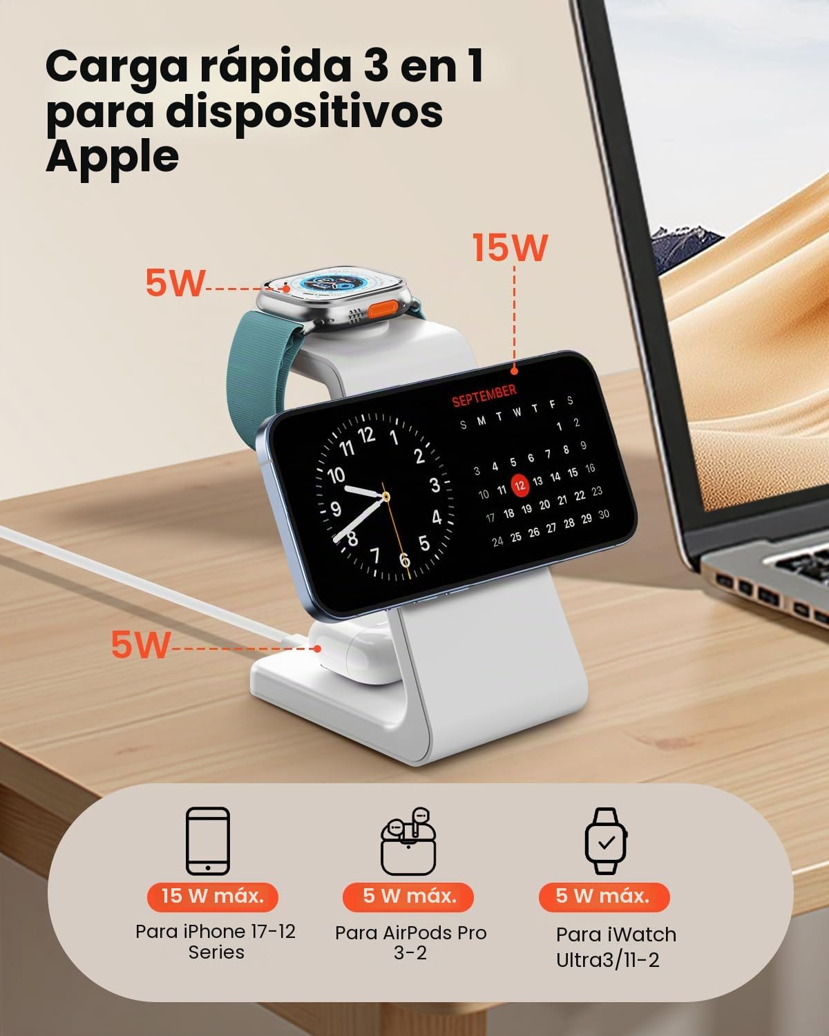 GEEKERA Cargador Inalámbrico 3 en 1 Certificado, Estación de Carga Rápida 15W Compatible con iPhone Air/17/16/15/14/13/12, Base Cargador para Apple Watch 11-2 y AirPods, Blanco Gris