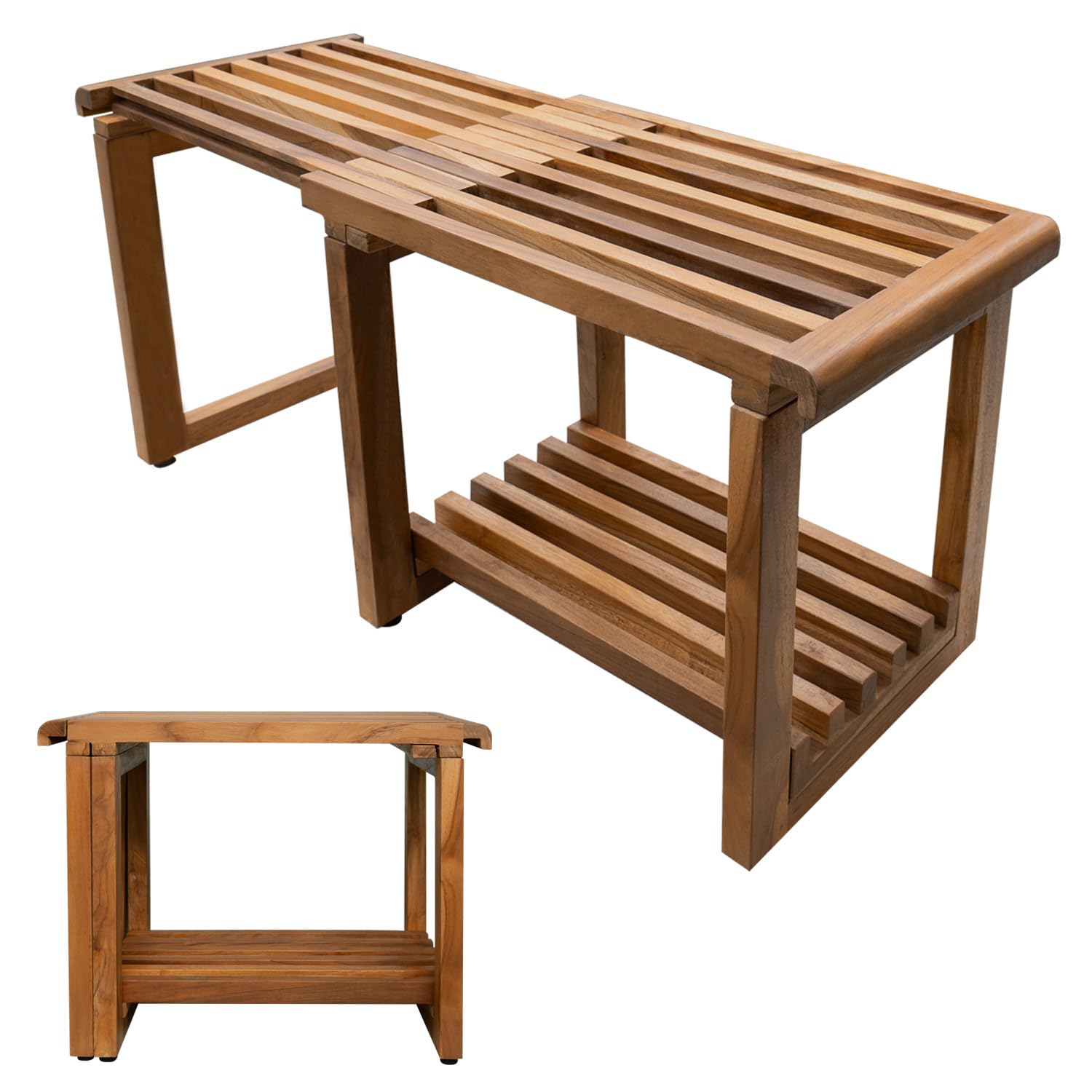 KultureDeco Teak Shower Bench [Expandable from 17" to 30"] Wooden Bathroom Bench for Inside Shower to Sit On, Wood Bath Chair, Teakwood Stool