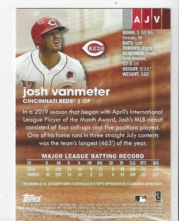 Josh Vanmeter Autographed Stadium Club Certified Issue Baseball Card - 2020 Topps Stadium Club Baseball Card #AJV (Reds)